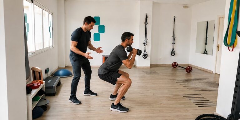 Entrenador personal corrigiendo una sentadilla con mancuernas en la sala privada de Pila Centro de Entrenamiento, Santander
