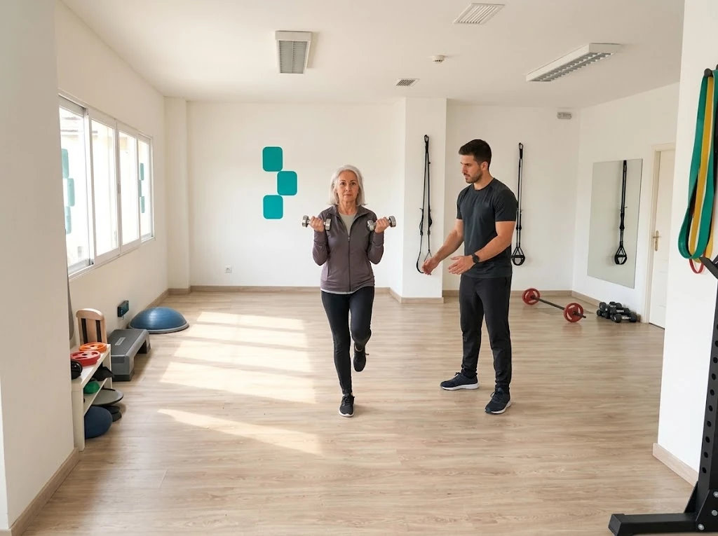 Persona mayor haciendo ejercicio de fuerza y equilibrio para la osteoporosis